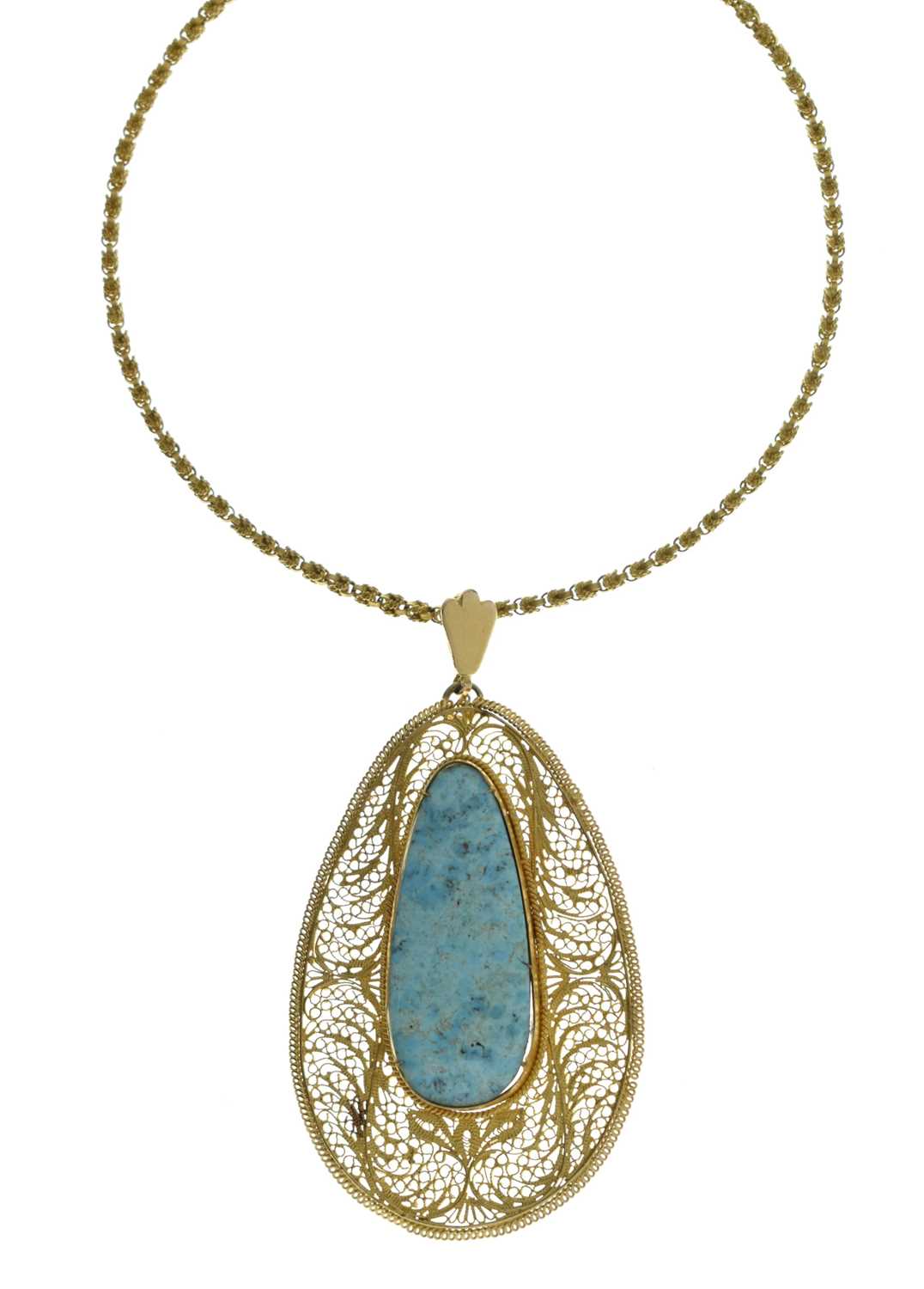 Lot 62 - Iranian turquoise filligree yellow metal pendant necklace