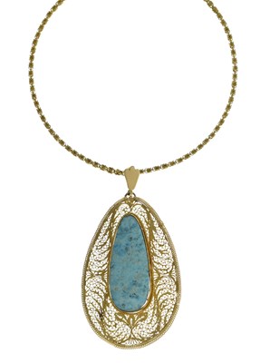 Lot 62 - Iranian turquoise filligree yellow metal pendant necklace