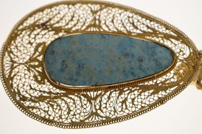 Lot 62 - Iranian turquoise filligree yellow metal pendant necklace