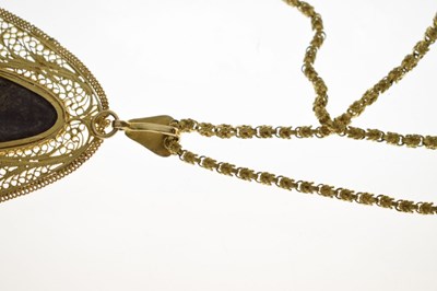 Lot 62 - Iranian turquoise filligree yellow metal pendant necklace