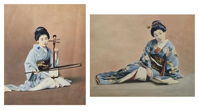 Lot 412 - Saito Hodo (Japanese, early 20th century) - Two watercolours of young bijin or beauties
