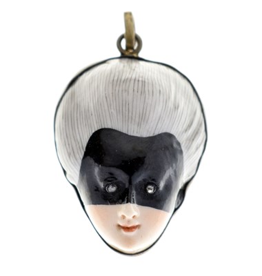 Lot 226 - 19th century French porcelain and diamond-set 'masked lady' pendant form patch box