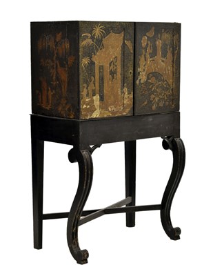 Lot 502 - Early 19th century black lacquer chinoiserie cabinet on stand