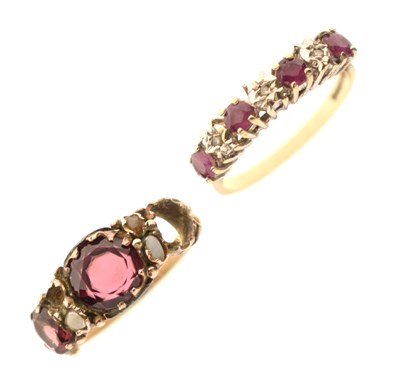 Lot 34 - Ruby and diamond seven-stone 9ct gold ring and a red stone and opal dress ring (a/f) (2)