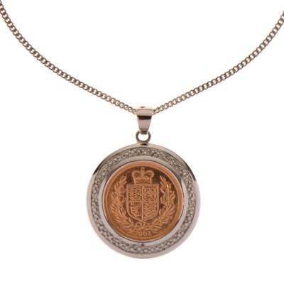 Lot 254 - Elizabeth II gold half-sovereign, 2002 with mount and chain
