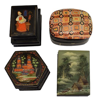 Lot 333 - Three Russian lacquered boxes to include double stacked boxes, etc