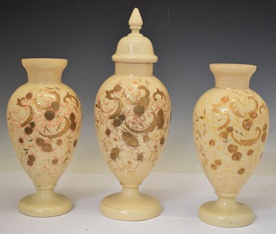 Lot 398 - Late 19th century garniture of three opaque glass vases