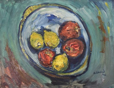 Lot 431 - James Lawrence Isherwood, F.R.S.A., F.I.A.L. (1917-1989) - Oil on board - 'Apples & Lemons'
