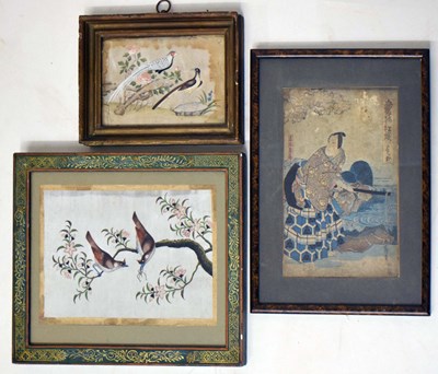 Lot 445 - Two Chinese late Qing dynasty watercolours on pith paper and a Japanese woodblock print