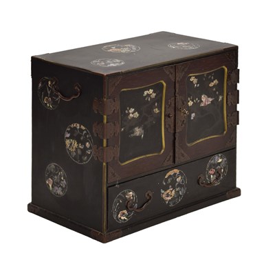 Lot 355 - Japanese Meiji period mother-of-pearl inlaid black lacquer table cabinet