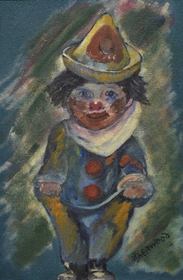 Lot 717 - Follower of James Lawrence Isherwood, (1917-1989) - Oil on board - 'Frank in Clown Costume'