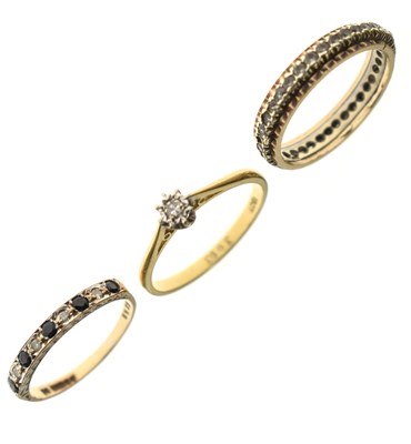 Lot 32 - Illusion set diamond single stone ring, stamped 18ct, and two 9ct gold dress rings