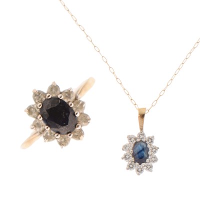 Lot 13 - Sapphire and diamond 9ct gold cluster ring, and a sapphire and white stone cluster pendant