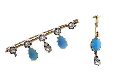 Lot 56 - Diamond and turquoise bar brooch, and a single matching earring