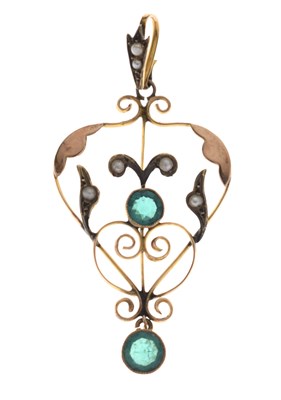 Lot 58 - Edwardian green paste and seed pearl rose metal pendant