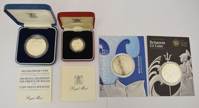 Lot 258 - Two Elizabeth II silver Britannia coins, silver proof crown, and a silver proof £1 coin