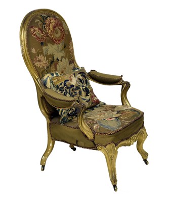 Lot 519 - Early Victorian giltwood and needlework tapestry salon chair