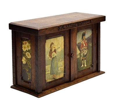 Lot 503 - Late Victorian carved and painted oak wall cabinet, J. Nayler 1890