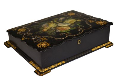 Lot 419 - Victorian black lacquered papier-mâché slope front writing box