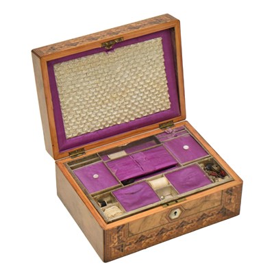 Lot 336 - Victorian walnut inlaid parquetry sewing box