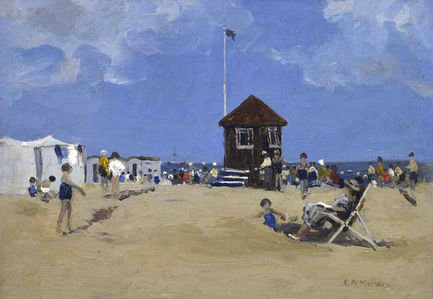 Lot 420 - Campbell Archibald Mellon, ROI, RBA, (1876-1955) - Oil on panel - 'Beach Scene, Gorleston'
