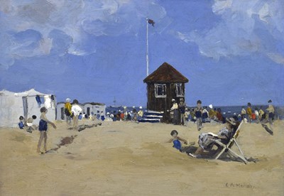 Lot 420 - Campbell Archibald Mellon, ROI, RBA, (1876-1955) - Oil on panel - 'Beach Scene, Gorleston'