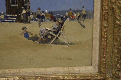 Lot 420 - Campbell Archibald Mellon, ROI, RBA, (1876-1955) - Oil on panel - 'Beach Scene, Gorleston'