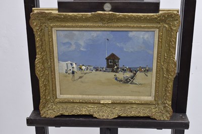 Lot 420 - Campbell Archibald Mellon, ROI, RBA, (1876-1955) - Oil on panel - 'Beach Scene, Gorleston'