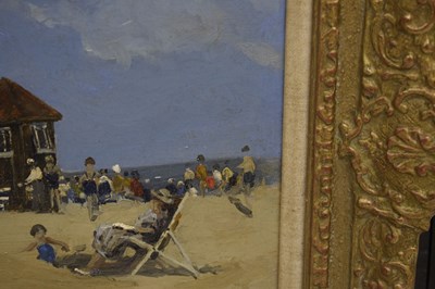 Lot 420 - Campbell Archibald Mellon, ROI, RBA, (1876-1955) - Oil on panel - 'Beach Scene, Gorleston'