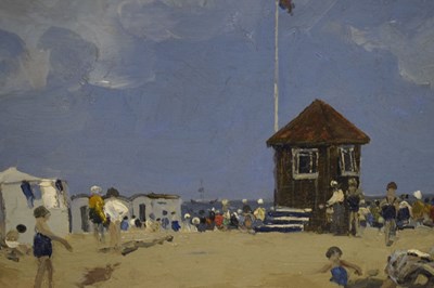 Lot 420 - Campbell Archibald Mellon, ROI, RBA, (1876-1955) - Oil on panel - 'Beach Scene, Gorleston'