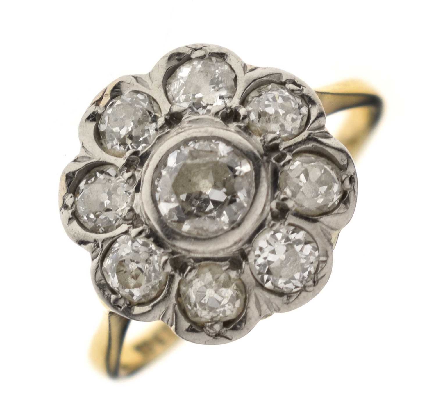Lot 7 - Early 20th century diamond yellow and white metal flower head cluster ring