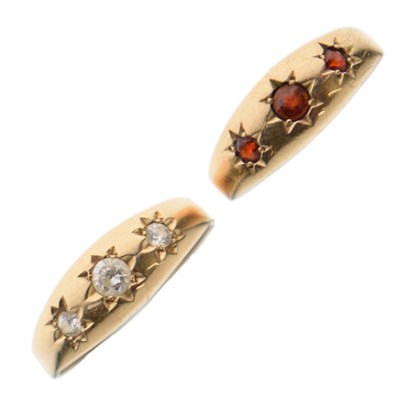 Lot 39 - Two 9ct gold gypsy set three-stone rings