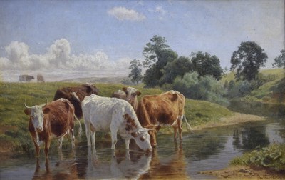 Lot 403 - James Doubting, RBA (1841-1904) - Oil on canvas - Cattle watering