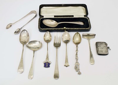 Lot 245 - Quantity of silver flatware to include spoons, vesta case, sugar tongs etc