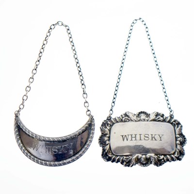 Lot 207 - Two Elizabeth II silver whisky decanter labels
