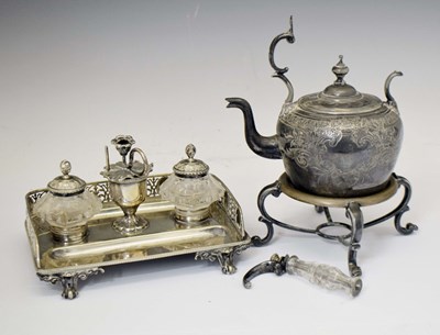 Lot 459 - Late 19th / early 20th century silver plated desk stand with cut glass inkwells, etc