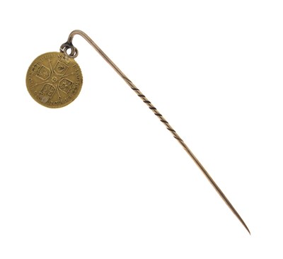 Lot 185 - George I quarter Guinea, 1718, on a yellow metal stick pin