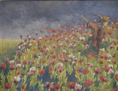 Lot 742 - Josef Fiala (Czech, 1882-1963) - Oil on board - Rural landscape with scarecrow in a poppy field