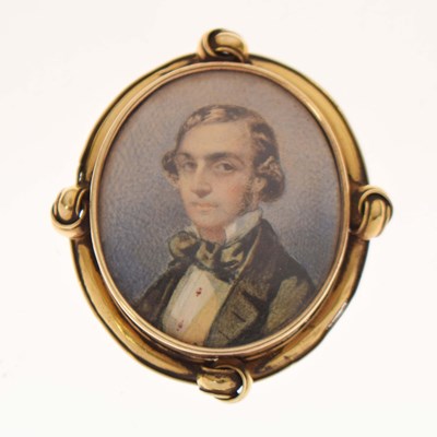 Lot 385 - Early Victorian portrait miniature on card depicting a gentleman