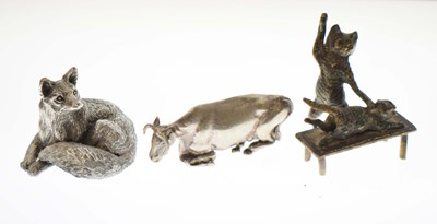 Lot 414 - Austrian cold-painted bronze of cats, silver resin-filled figure of a fox, etc