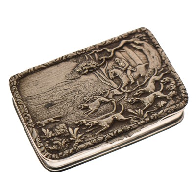 Lot 454 - Late 19th century silver plated snuff box the lid decorated with a huntsman and hounds