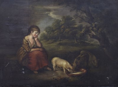 Lot 391 - After Thomas Gainsborough, RA, (1727-1788) - Oil on canvas, laid down onto panel - Young girl feeding pigs
