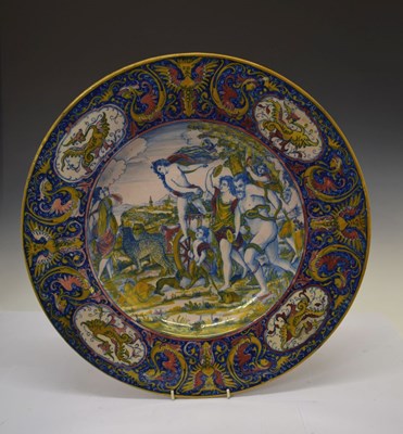 Lot 338 - Italian maiolica dish or charger, circa 1900, decorated in gilt-enriched blue, yellow and manganese lustre in Gualdo Tadino style