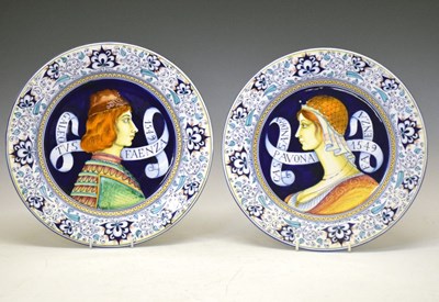 Lot 630 - Pair of Renaissance style faience chargers, with portraits within a floral border