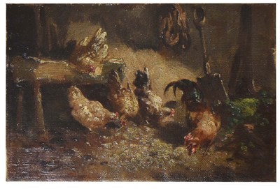 Lot 724 - Circle of Jef Louis van Leemputten (Belgian, 1867-1948) - Oil on canvas - Chickens in a barn