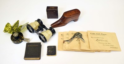 Lot 362 - La Brise mechanical fan, opera glasses, novelty cork openers, miniature books, etc