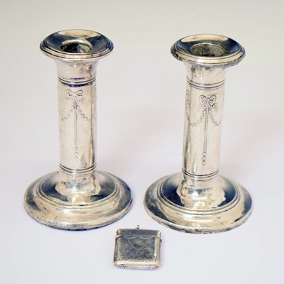 Lot 258 - Pair early 20th century white metal candlesticks and a silver vesta case