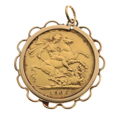 Lot 194 - Edward VII gold sovereign, 1905, in a yellow metal pendant mount