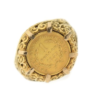 Lot 207 - United States gold one dollar coin, 1853, in 9ct gold ring mount