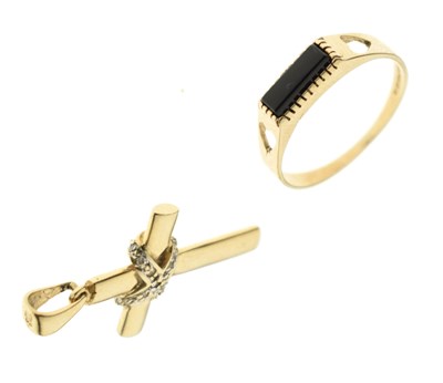 Lot 23 - 9ct gold onyx ring, and diamond set cross pendant